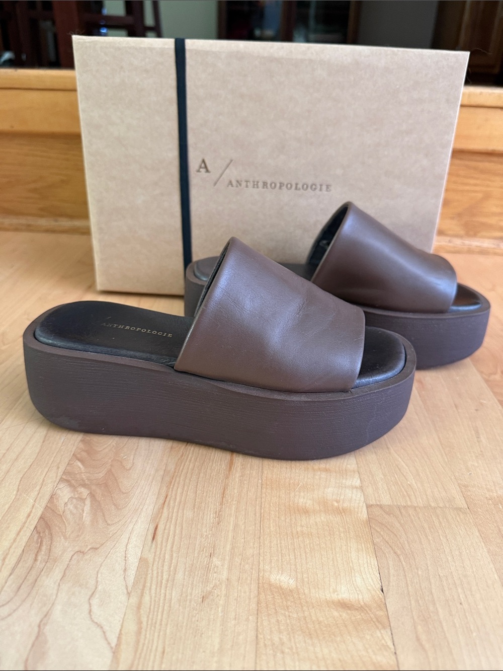 Anthropologie Chocolate Brown Platform Slide Mules Size 36 EU